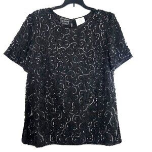 Vtg Jean For Joseph Le Bon Black Sequin Beaded Silk Blouse Sz 12 Party Cocktail